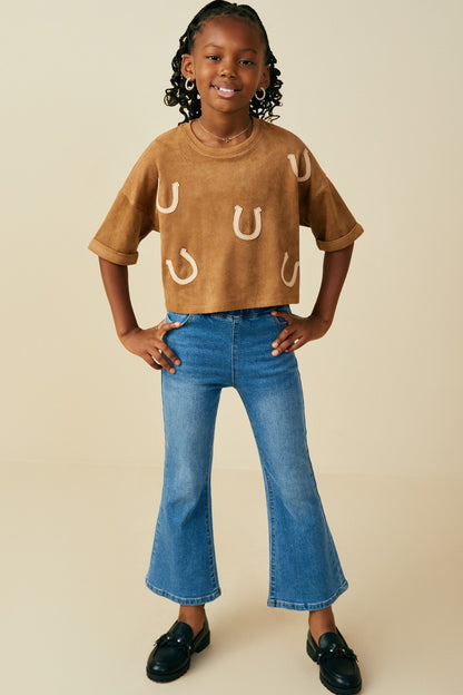 Girls Horseshoe Patched Drop Shoulder Suede T-Shirt