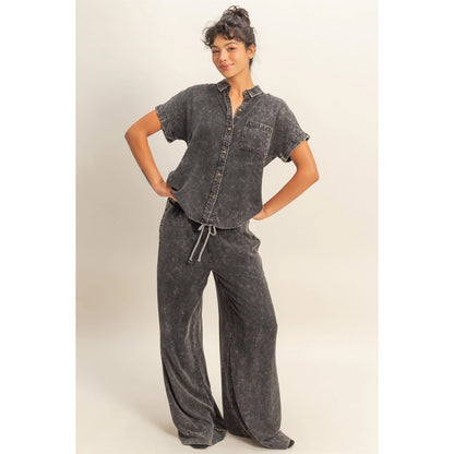 Mineral Wash  Drawstring Wide Leg Pants