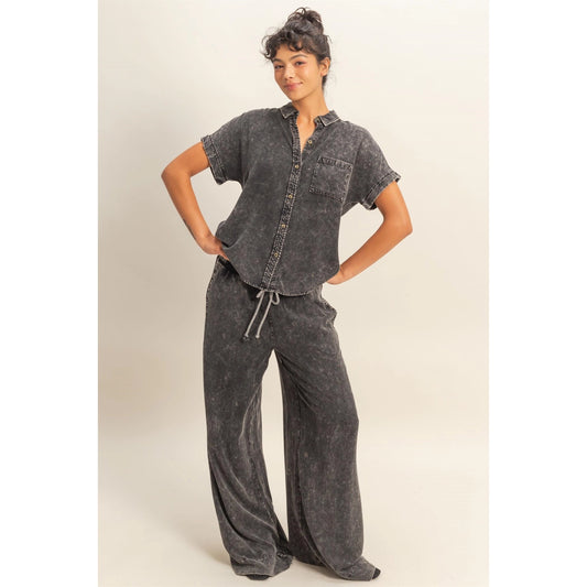 Mineral Wash  Drawstring Wide Leg Pants