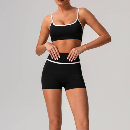Women Color Block Sport Bra Fitness Shorts 2 Pcs Yoga Set