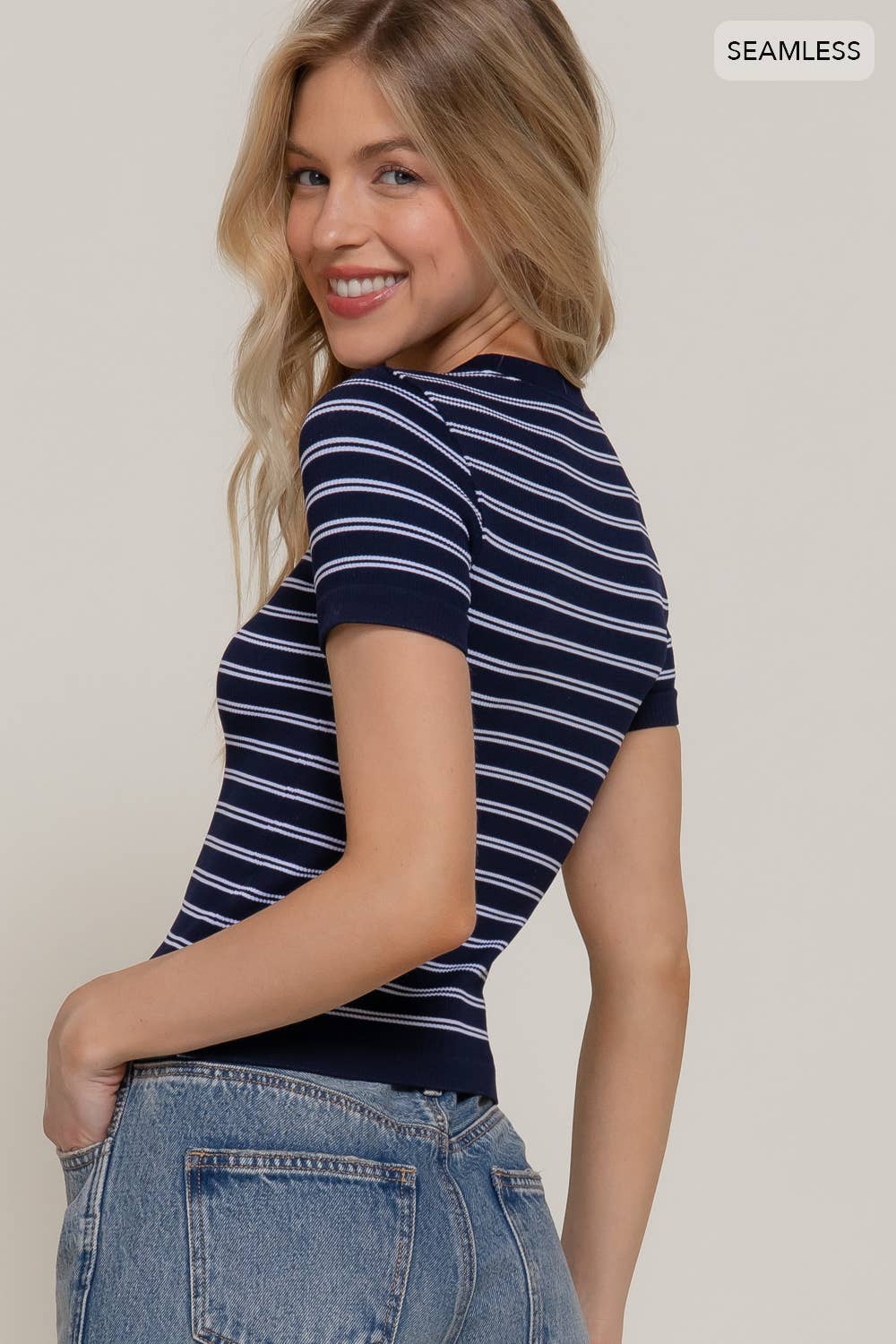 Short Sleeve Crew Neck Striped Seamless Top