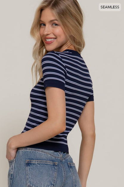 Short Sleeve Crew Neck Striped Seamless Top