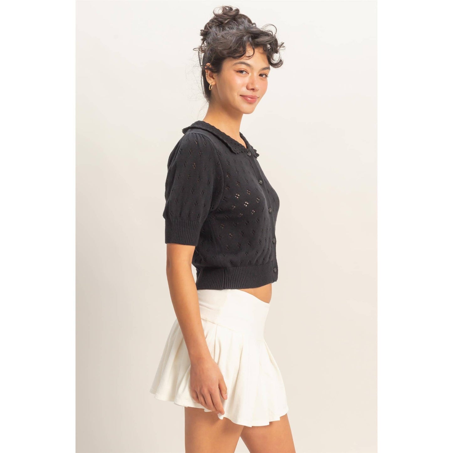 Pointelle Collar Button-Up Puff Sleeve Knit Top
