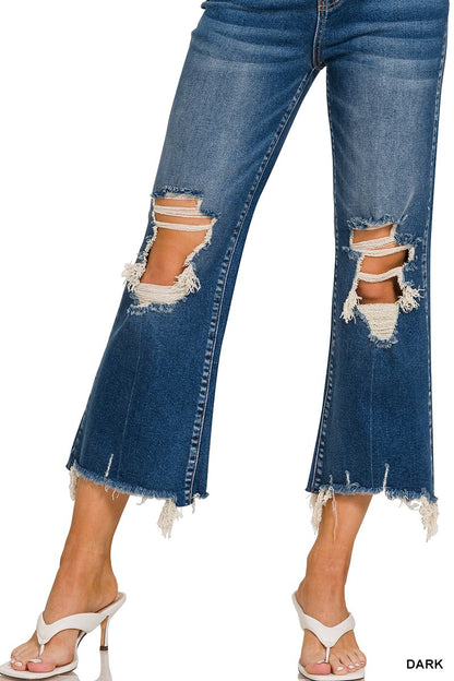Dark Wash Distressed Knee Raw Frayed Hem Cropped Denim Pants