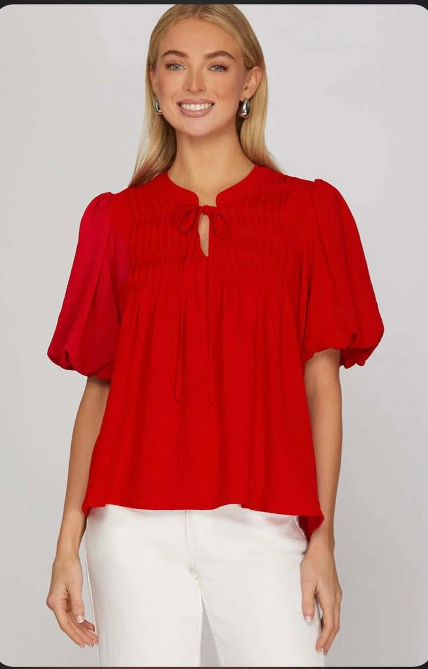 Crimson Puff Sleeve Tie-Neck Blouse