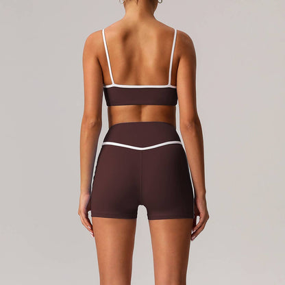 Women Color Block Sport Bra Fitness Shorts 2 Pcs Yoga Set