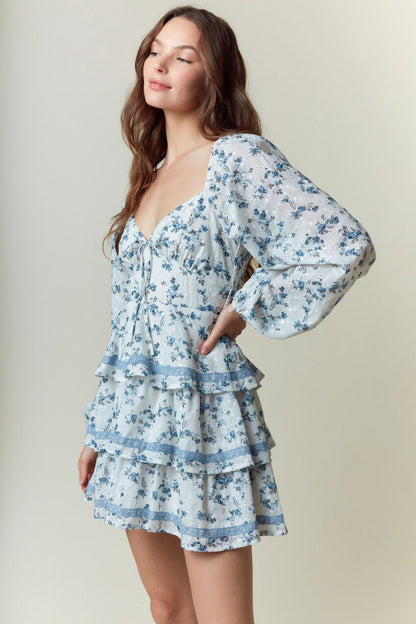 Floral Printed Front Bow Tie & Lace Tape Dress
