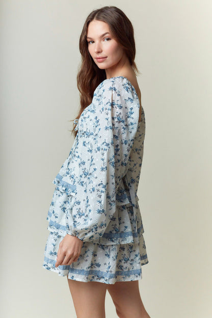 Floral Printed Front Bow Tie & Lace Tape Dress