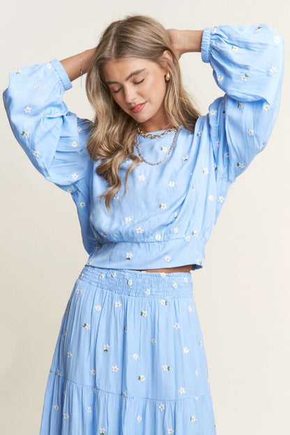 Flower Embroidered Long Sleeve and Maxi Skirt Set