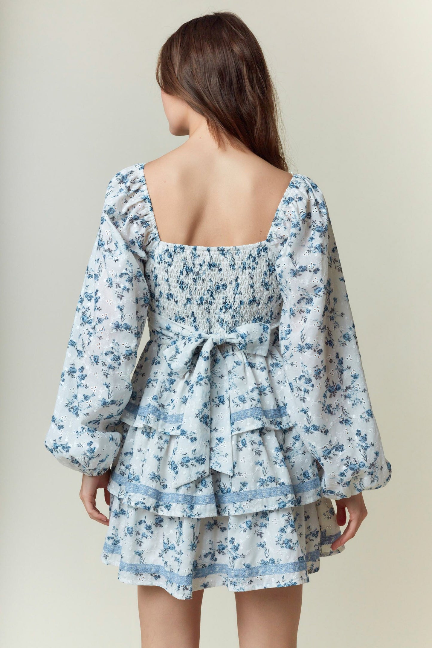 Floral Printed Front Bow Tie & Lace Tape Dress