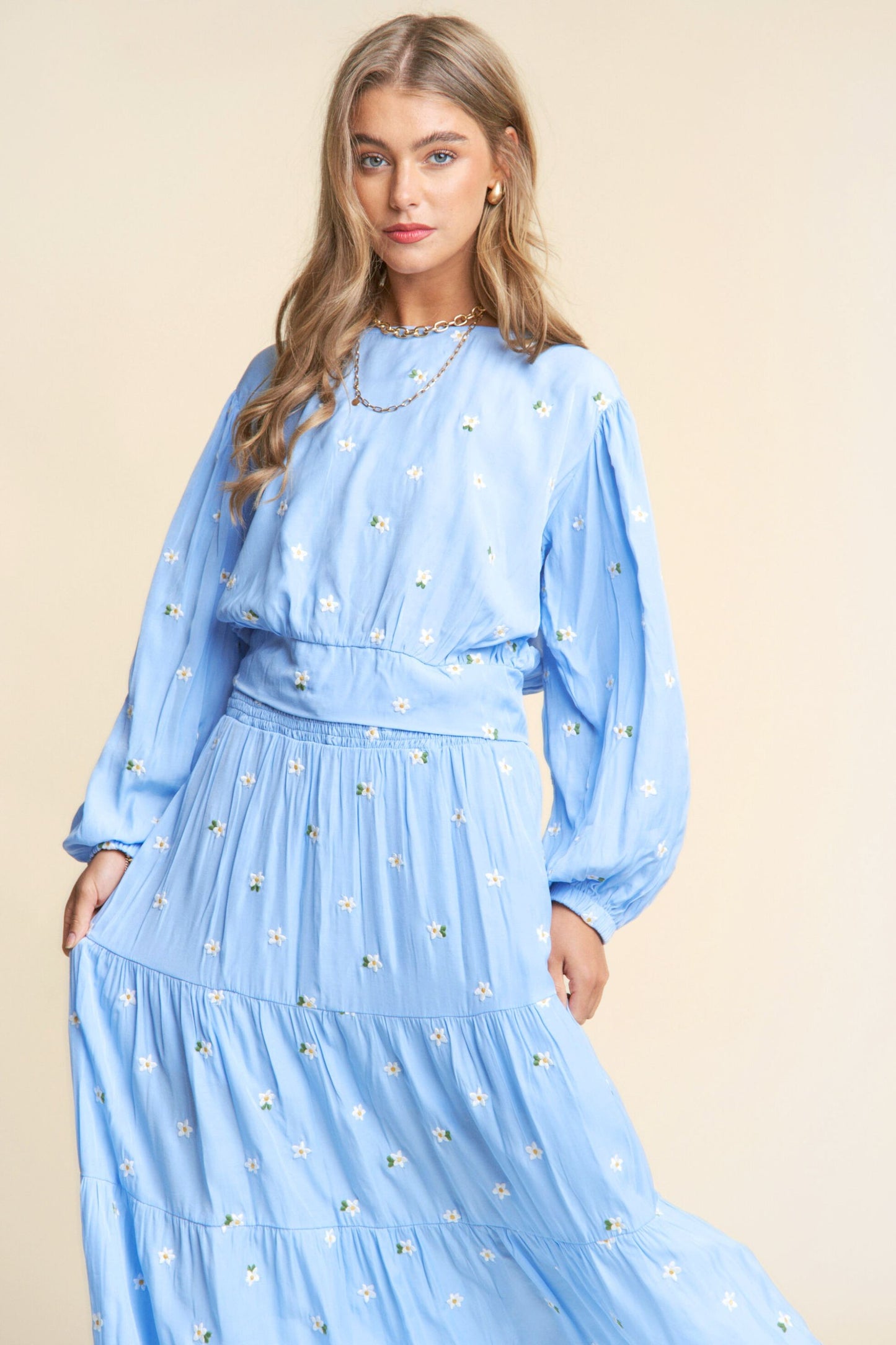 Flower Embroidered Long Sleeve and Maxi Skirt Set