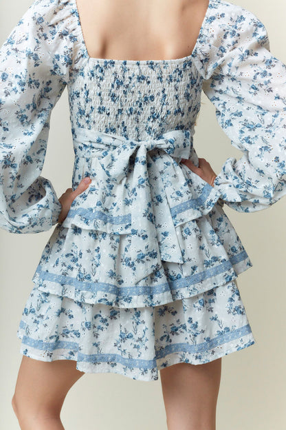 Floral Printed Front Bow Tie & Lace Tape Dress