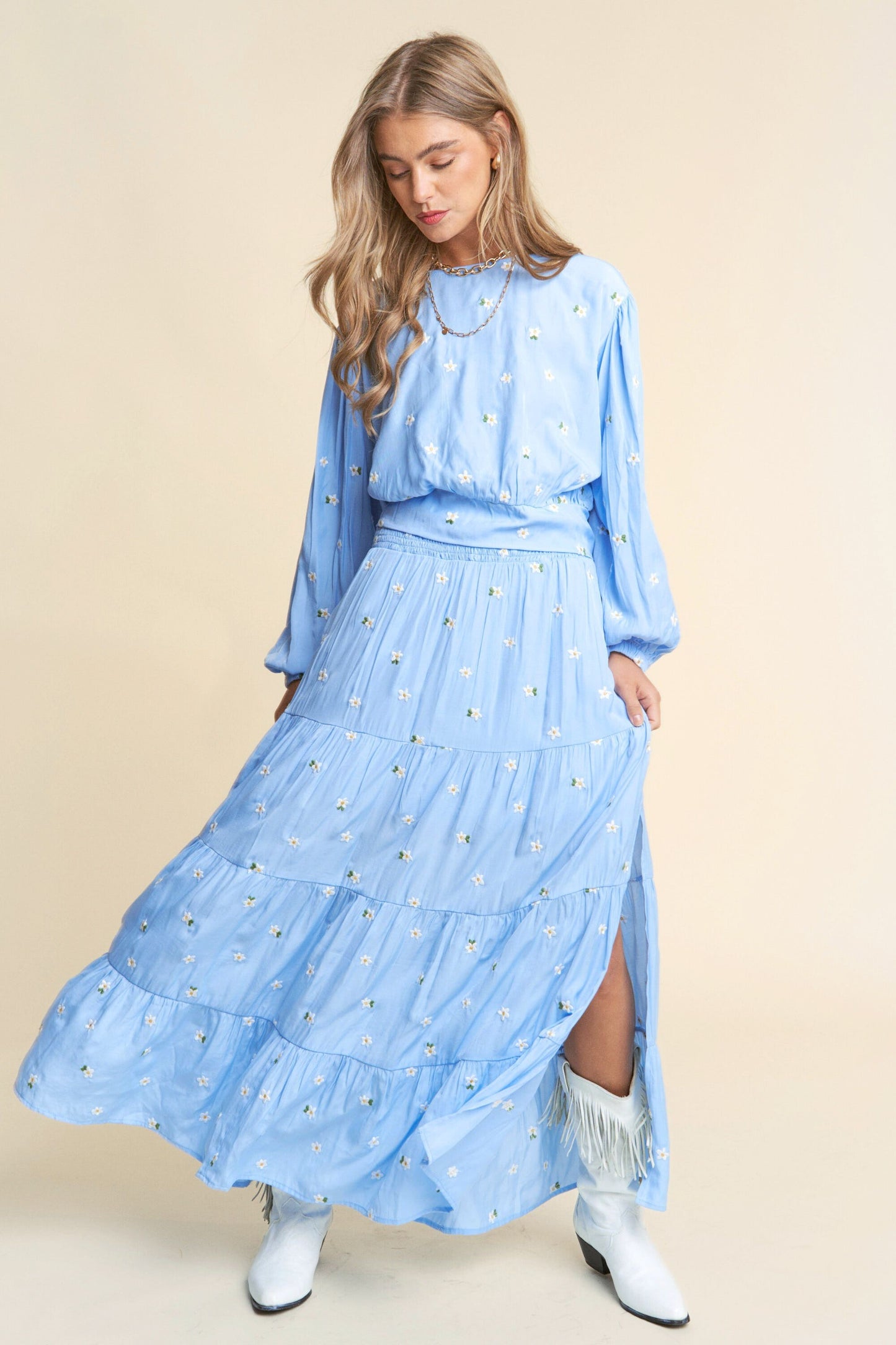 Flower Embroidered Long Sleeve and Maxi Skirt Set