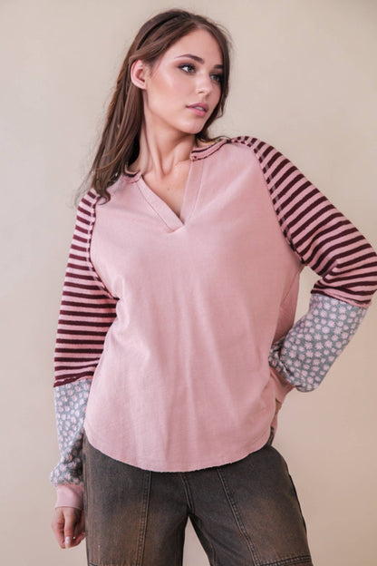Oversized Floral & Stripe Casual Knit Top