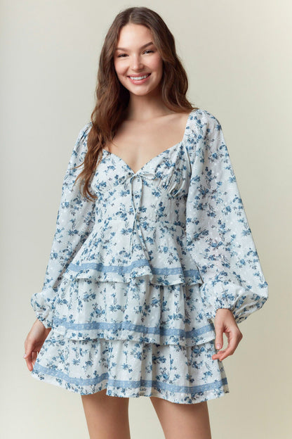 Floral Printed Front Bow Tie & Lace Tape Dress