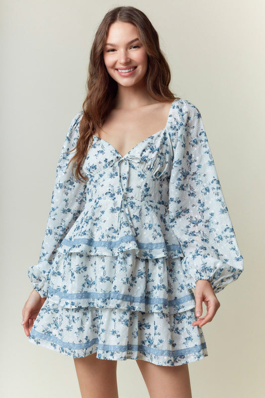 Floral Printed Front Bow Tie & Lace Tape Dress
