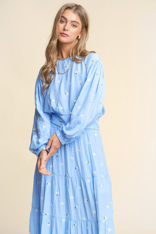 Flower Embroidered Long Sleeve and Maxi Skirt Set