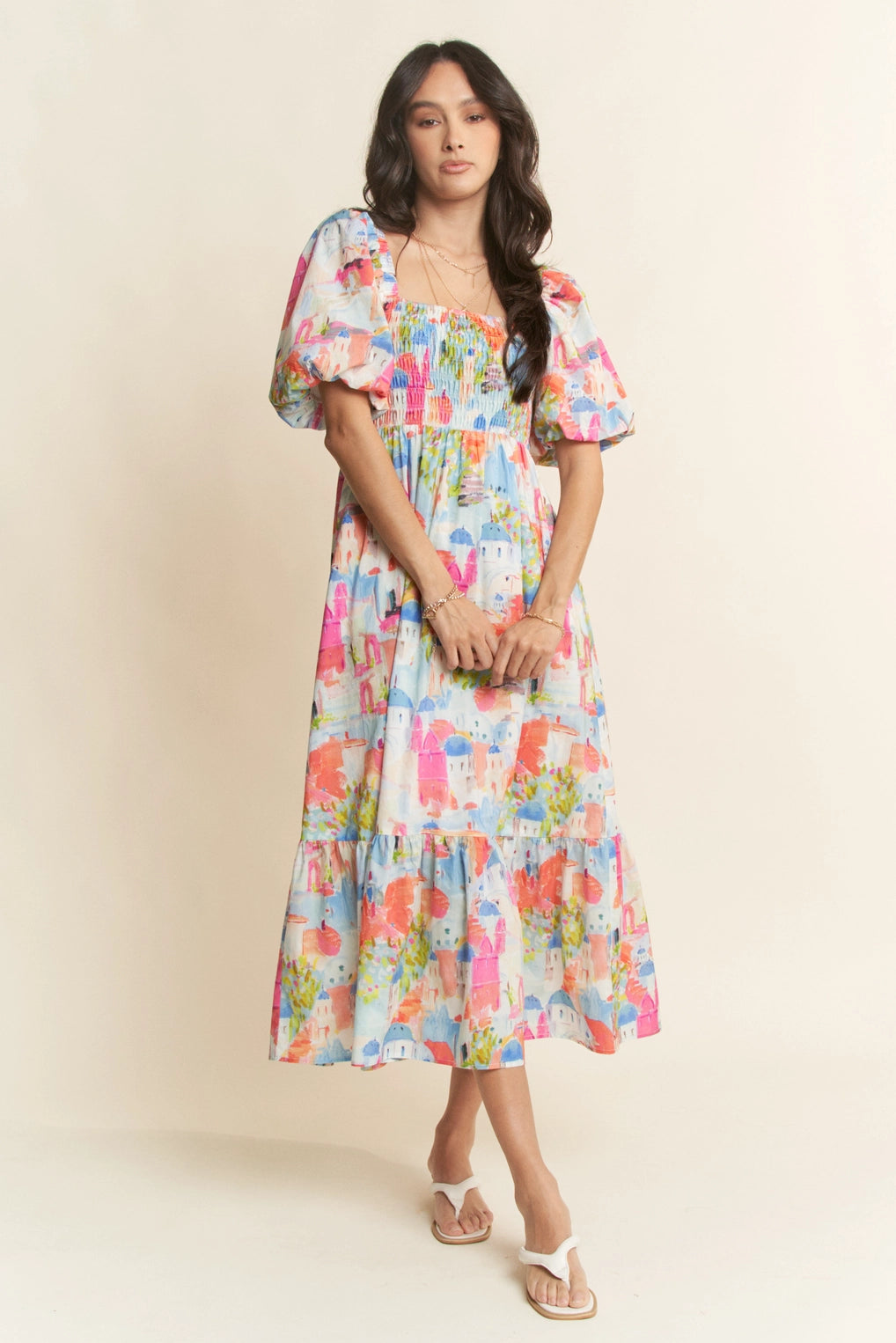 Short Sleeve Smocking Bodice Midi Dress