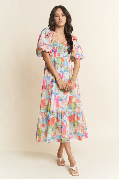 Short Sleeve Smocking Bodice Midi Dress