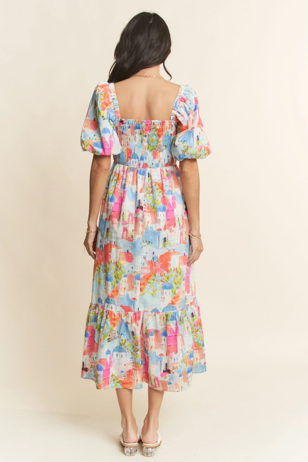 Short Sleeve Smocking Bodice Midi Dress