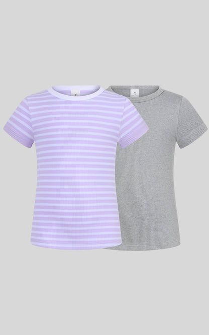 Tween Girls Rib Seamless Stripe Short Sleeve Tee 2 Pack