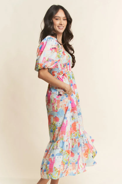 Short Sleeve Smocking Bodice Midi Dress