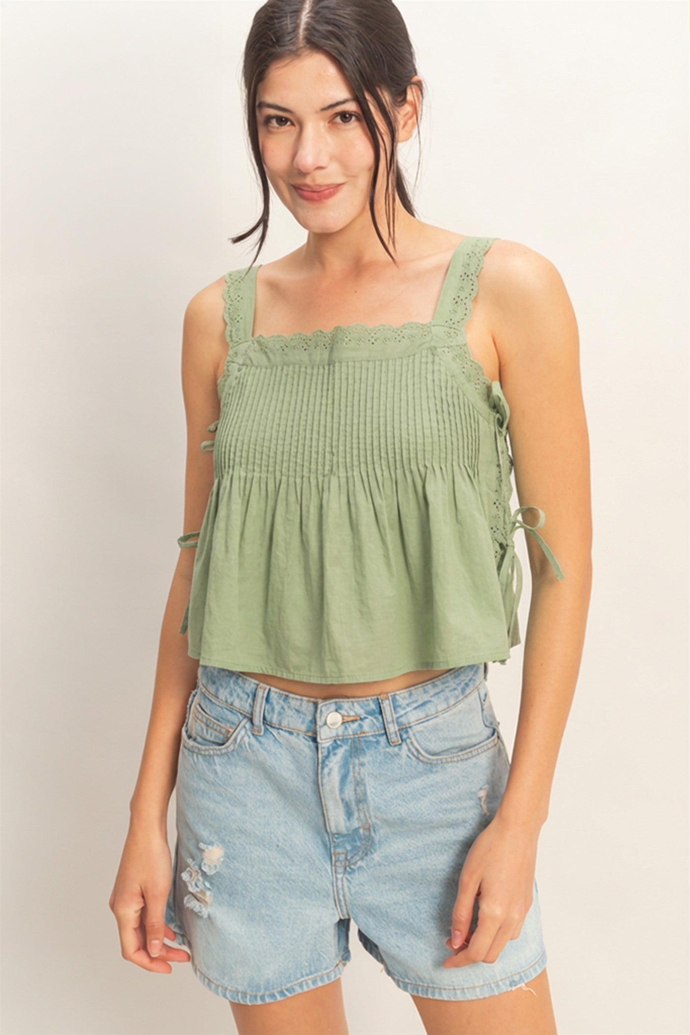 Pleated Lace Trim Tank