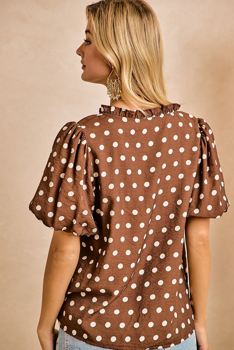 Polka Dot Printed Woven Ruffled V Neck Top