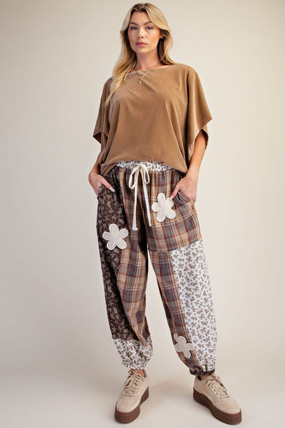 Plaid and Floral Printed Mix Washed Pants