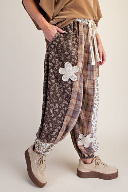 Plaid and Floral Printed Mix Washed Pants