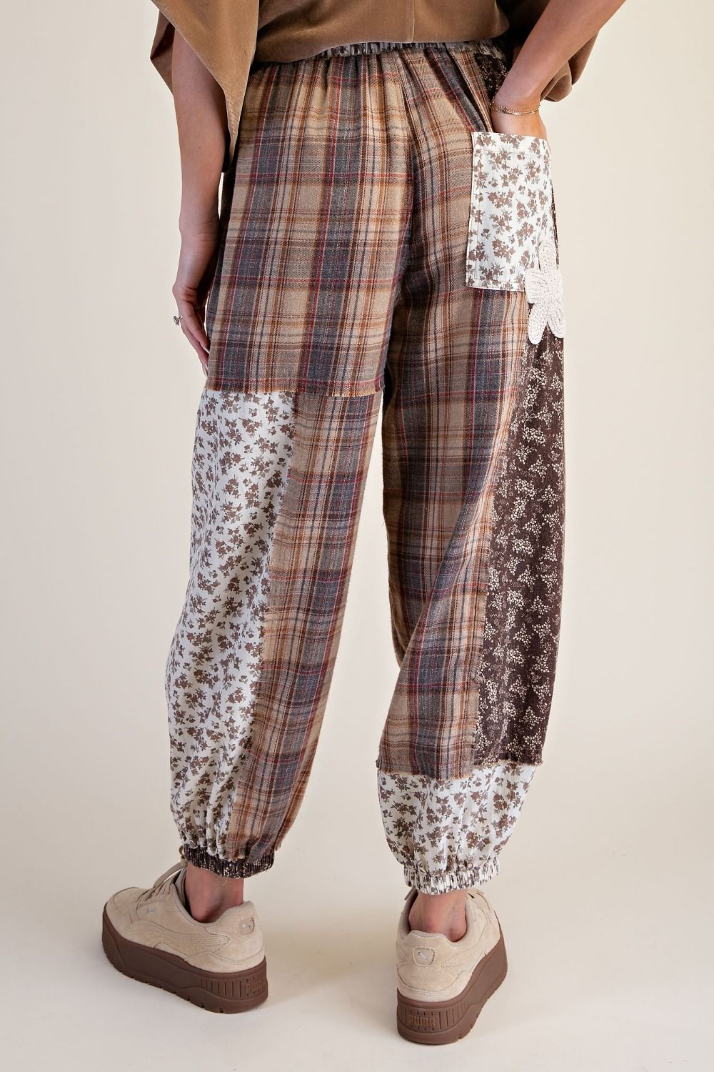 Plaid and Floral Printed Mix Washed Pants