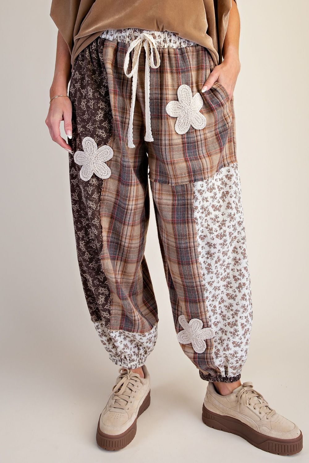 Plaid and Floral Printed Mix Washed Pants