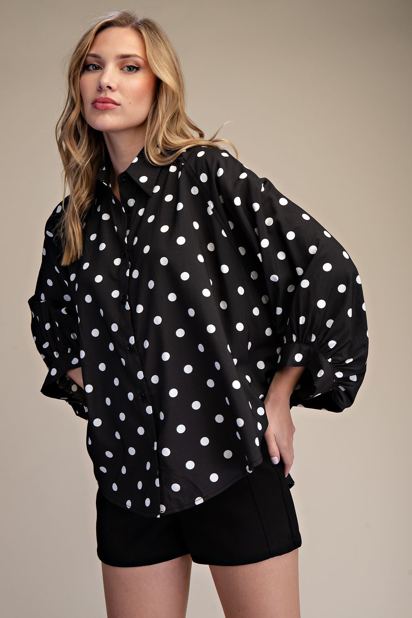 Polka Dot Button Front Oversized Shirt
