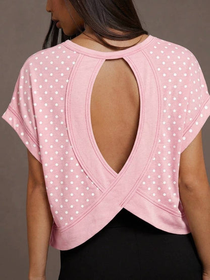 Polka Dots Wrapped Cutout Back Slouchy Tee Workout Shirt