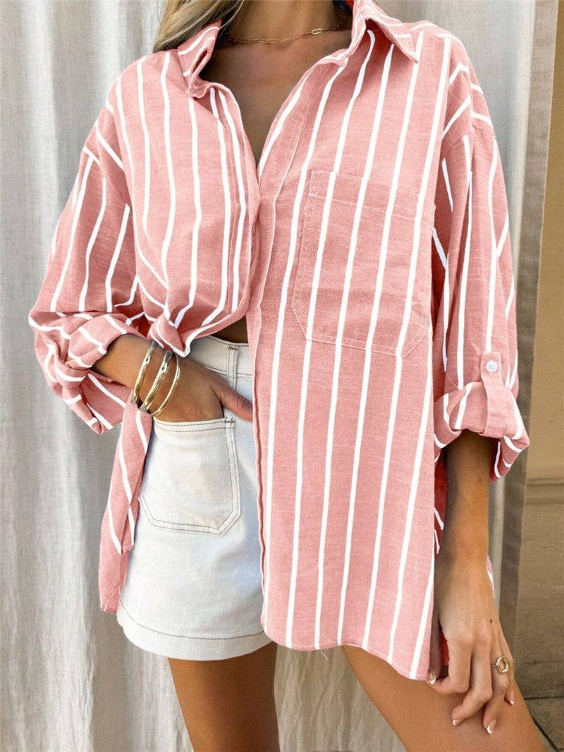 Relaxed Polo Collar Striped Shirt
