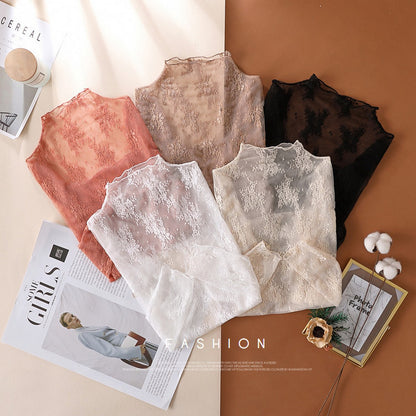 Semi Sheer Mesh Lace Sexy Slim Bottoming Shirt