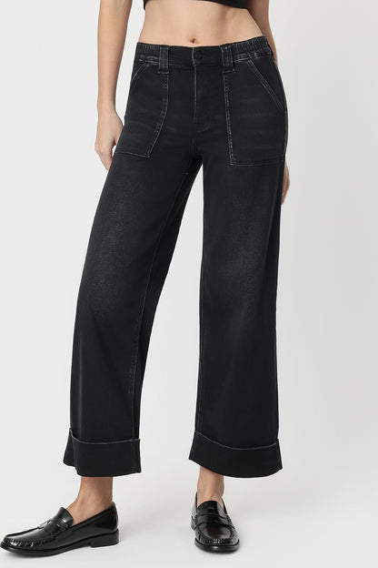 High Rise Elastic Wb Cuffed Baggy Wide Jeans