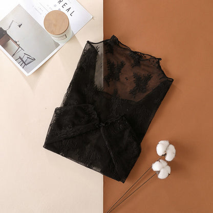 Semi Sheer Mesh Lace Sexy Slim Bottoming Shirt
