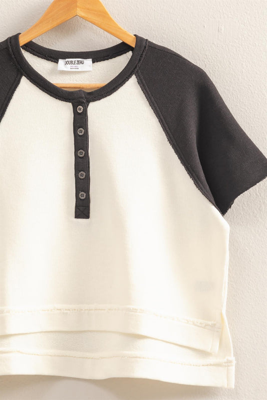 Black/Cream Short Sleeve Half-Buttoned Crop Tee