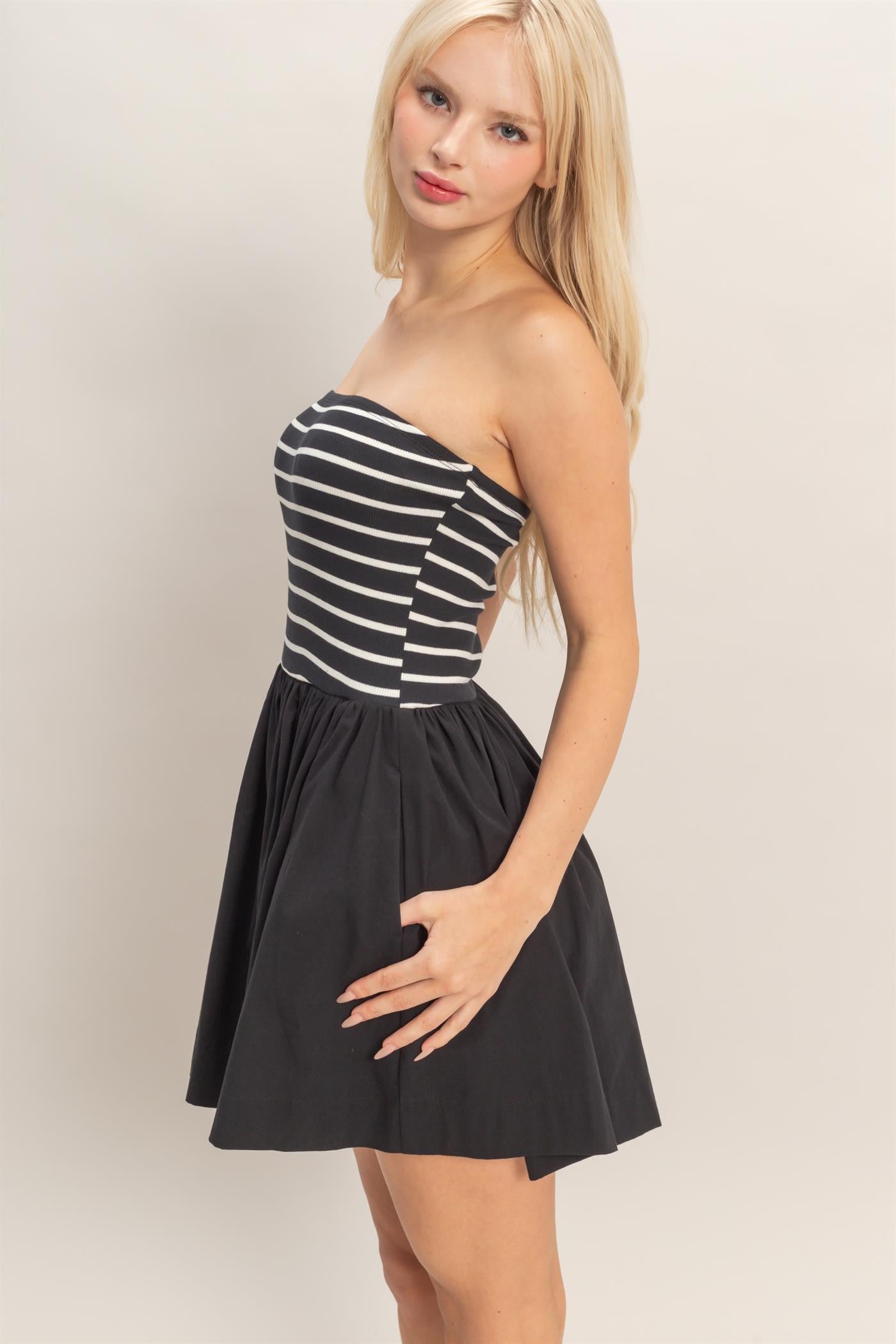 Strapless Striped Flowy Mini Dress