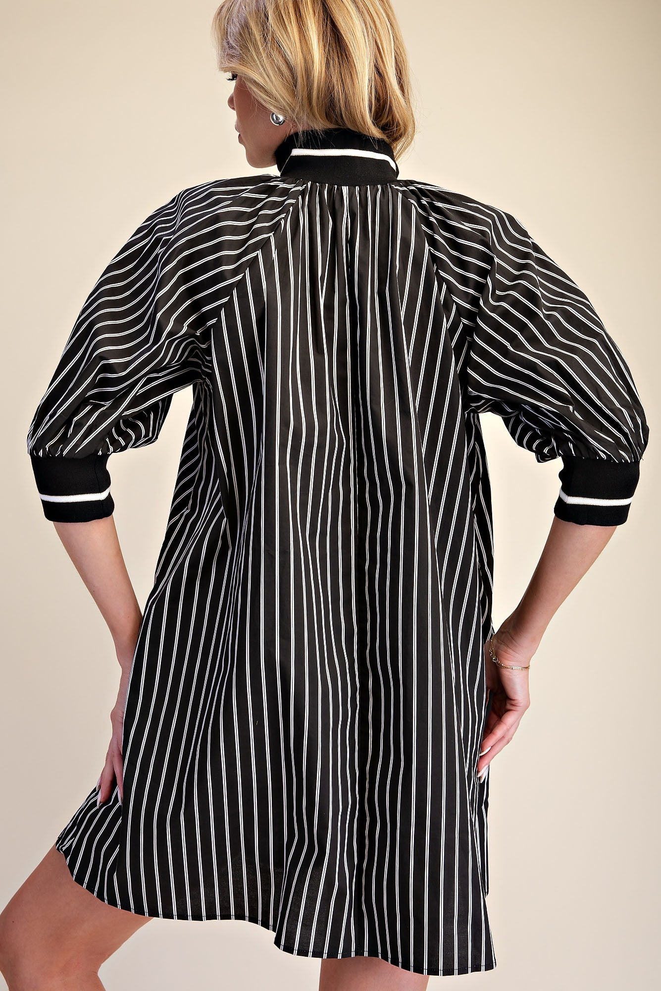 Mock Neck Band Half Zip Stripe Mini Dress