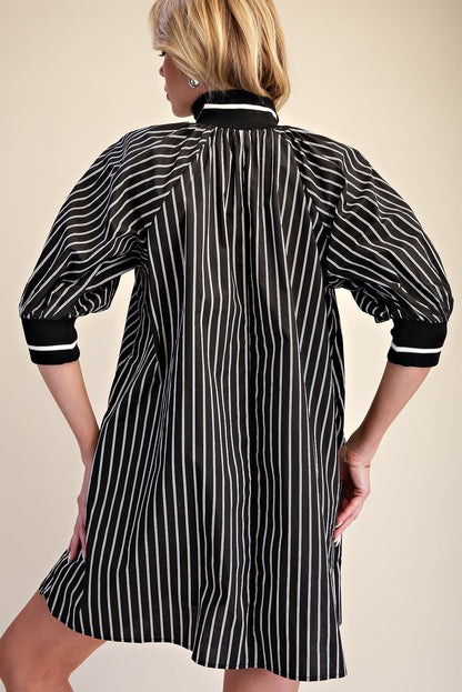 Mock Neck Band Half Zip Stripe Mini Dress