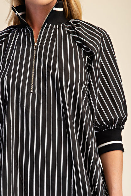 Mock Neck Band Half Zip Stripe Mini Dress