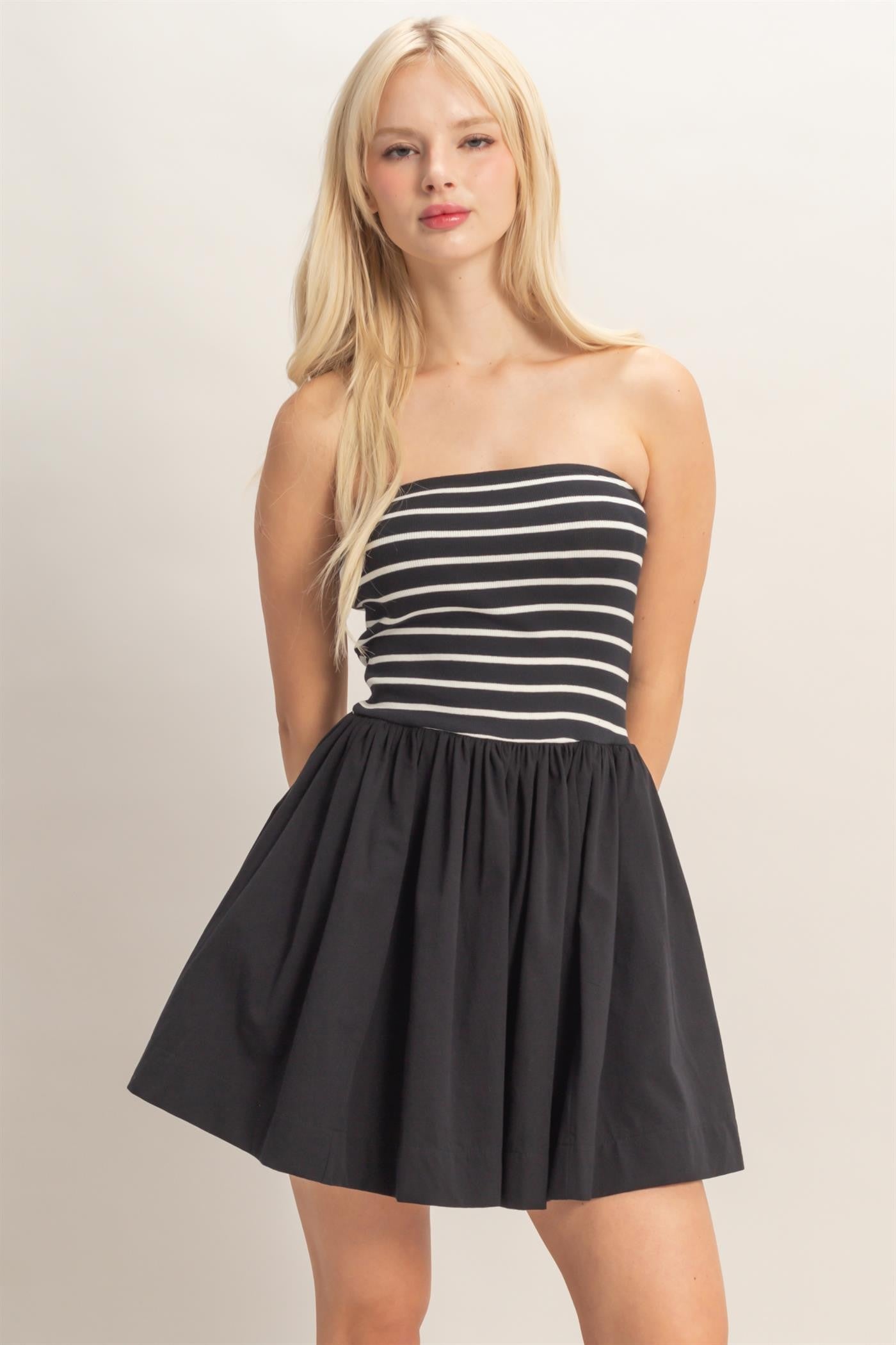 Strapless Striped Flowy Mini Dress