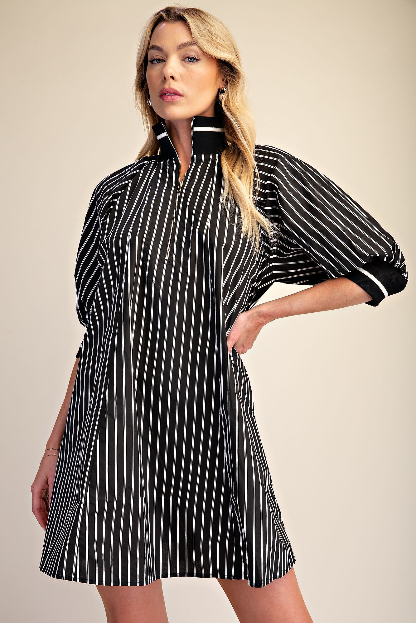 Mock Neck Band Half Zip Stripe Mini Dress