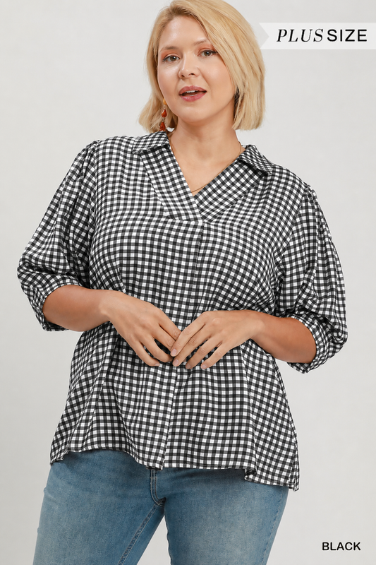Gingham Check Collared Puff Sleeve Blouse