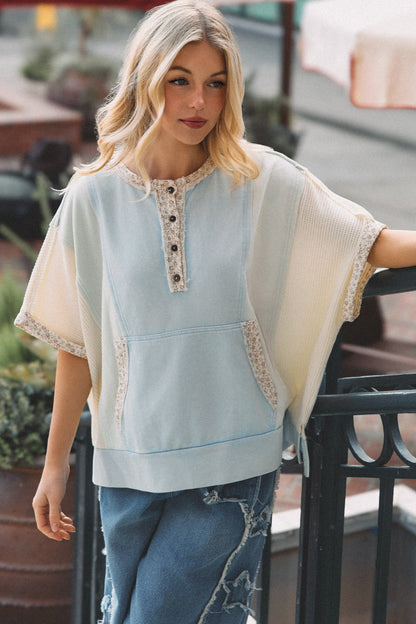 Colorblock Floral Trim Henley Pullover