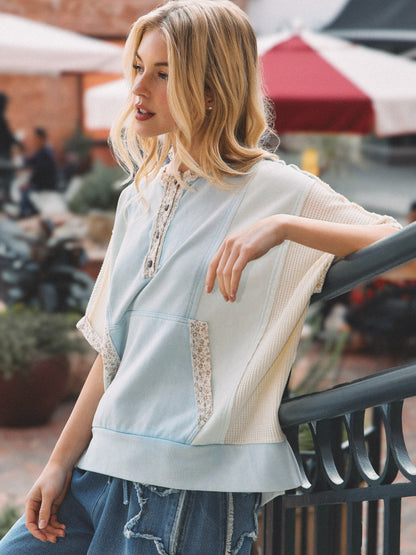 Colorblock Floral Trim Henley Pullover