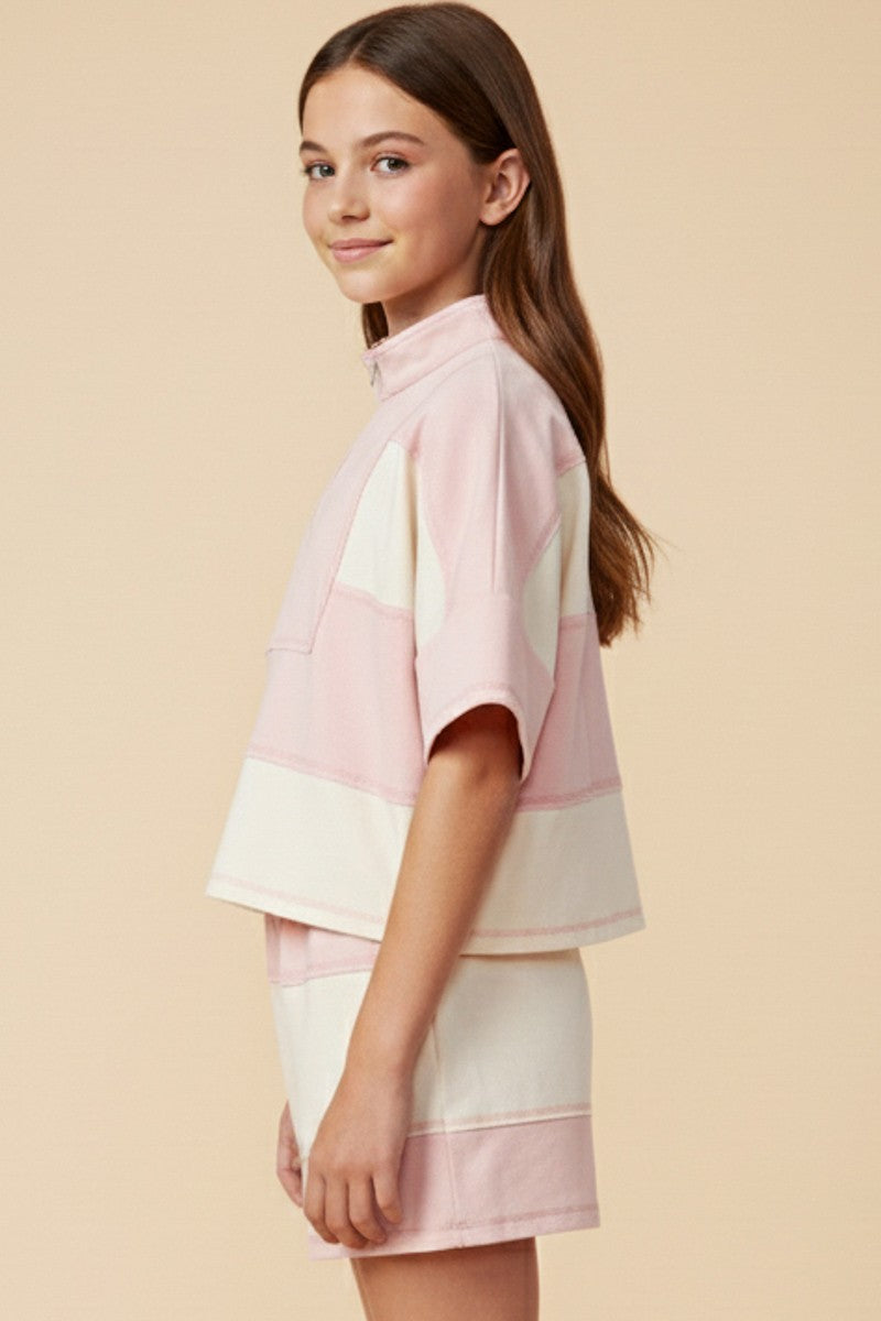 Girls Color Block Stripe Half Zip Knit Top