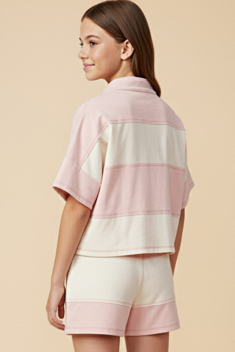 Girls Color Block Stripe Half Zip Knit Top
